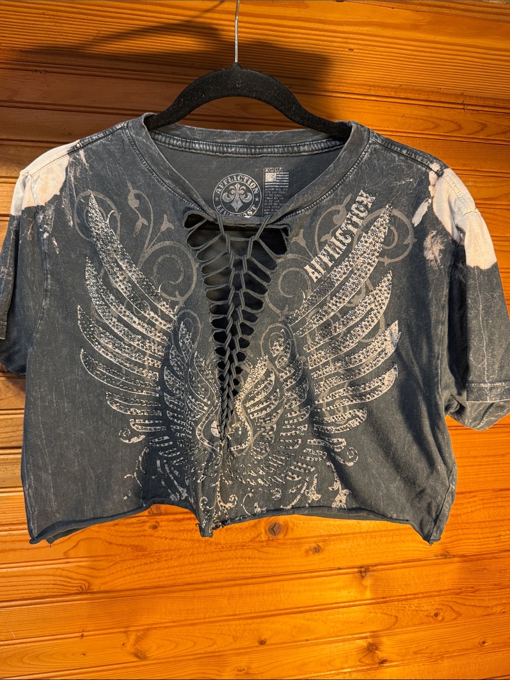 Affliction Black Distressed Lace-Up Cropped Tee with Silver Wing Graphic
